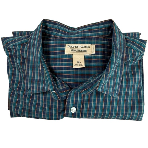 Duluth Trading Wrinkle Fighter Shirt Mens 2XL Relaxed Fit Long Sleeve Blue Plaid - Picture 1 of 8